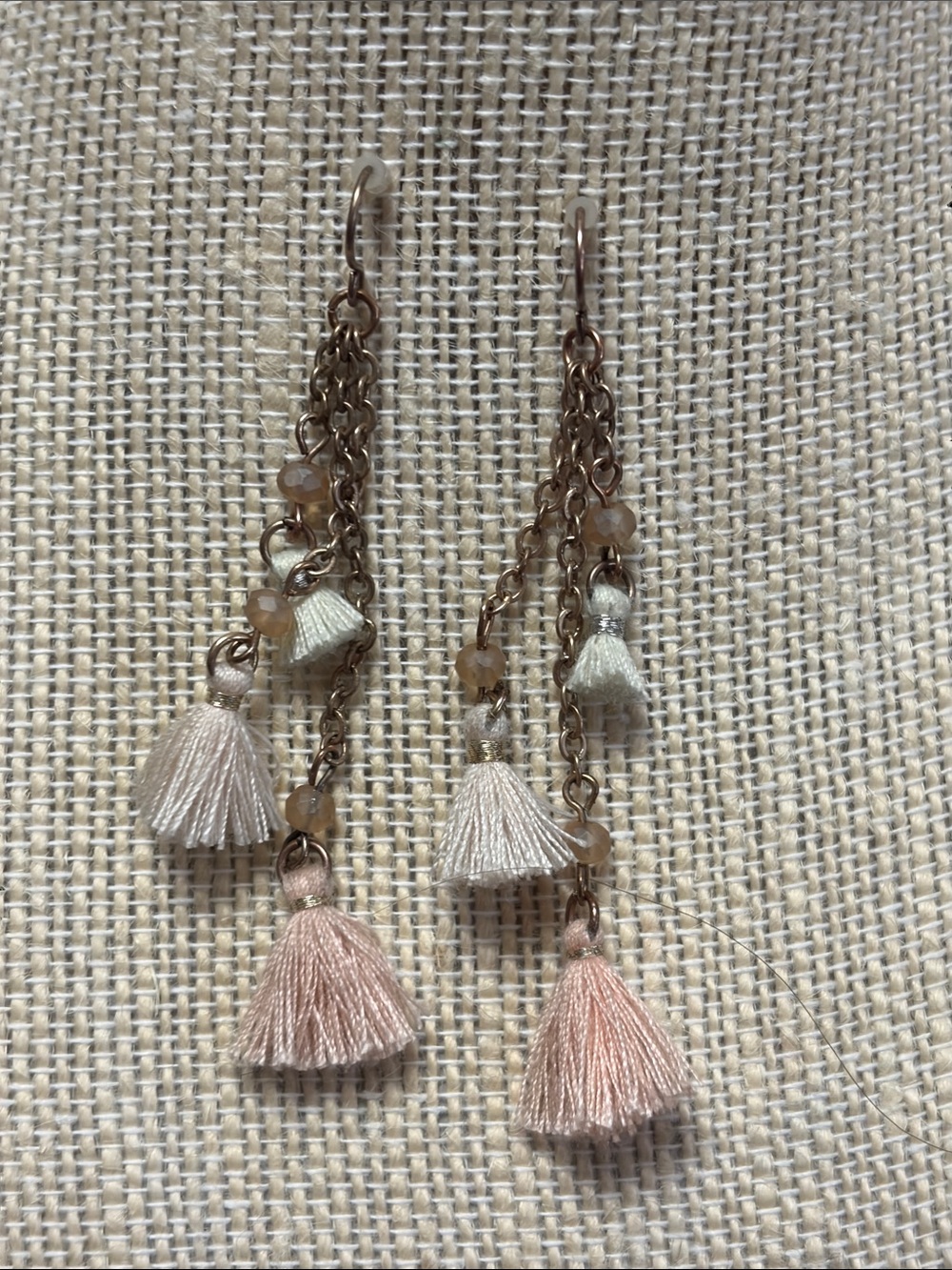 Source Unknown Pink and Cream Tassel Dangle Earrings